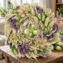 Artículo Corona de flores secas para primavera y verano, para mesa y puerta de entrada, para ocasiones especiales con toques de color, 26 cm.