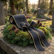 Artículo Elegante cinta de muaré para corona, 175 mm, negra con borde perlado y tejido de tafetán, cinta decorativa para floristería funeraria, cinta de lazo, 25 m