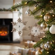Artículo Árbol de navidad decoración copo de nieve brillo perla 2pcs