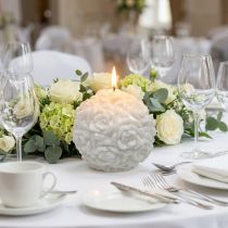 Artículo Vela esférica con motivo de rosa, decoración de mesa para bodas y cumpleaños, 10,5 cm, color blanco