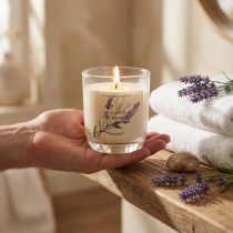 Artículo Vela perfumada en vaso crema lavanda manzanilla Ø7,5cm H8,5cm