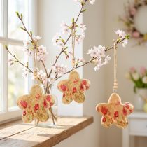 Artículo Colgante de madera con flores de primavera en color rosa natural H9cm 4 uds.
