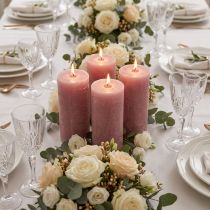Artículo Velas de pilar rosa polvoriento de 70 × 120 mm, teñidas en su totalidad, juego de 4, velas decorativas para bodas y el hogar