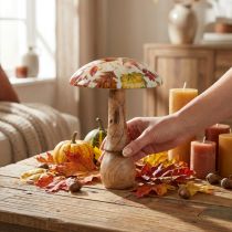 Artículo Seta de madera deco hojas de otoño blanco, colorido decoración otoñal Ø13cm H19cm