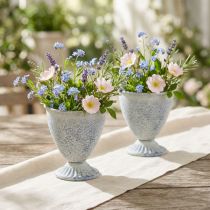 Artículo Mini jarrón cáliz de metal blanco azul vintage decoración 11,5 cm juego de 2 piezas