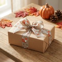 Artículo Cinta de regalo otoño con zorro y setas lino gris 40mm 15m