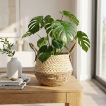 Artículo Cesta de junco marino bicolor con asas - Cesta para almacenar y plantar - Natural y marrón Ø25 cm H24 cm