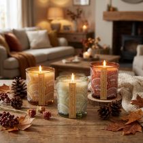 Artículo Velas perfumadas en vidrio tapa de madera de sándalo Al.8,5cm 3 piezas