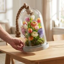 Artículo Campana de cristal con placa aspecto hormigón y cuerda Ø17cm H28cm