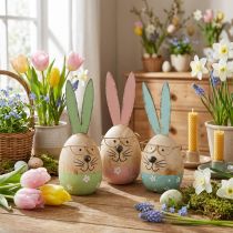 Artículo Conejito de pascua con gafas figura decorativa huevo de madera Ø5cm H13.5cm 3pcs