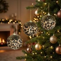 Artículo Adornos navideños con estampado de leopardo y purpurina dorada, 7 cm, 3 unidades