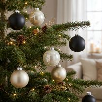 Artículo Chuchería, adornos para árboles de Navidad, bola de Navidad negro/plata/nácar H8,5cm Ø7,5cm vidrio real 12 piezas