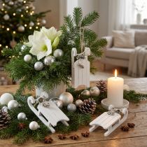 Artículo Trineo decorativo blanco plateado con cordón de campana L13cm 4 piezas