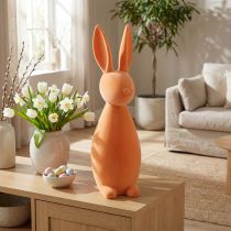 Artículo Conejo de Pascua decorativo, color naranja albaricoque flocado, 69 cm de alto.