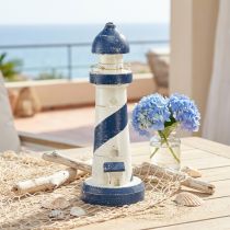 Artículo Decoración de mesa marítima con forma de faro, azul y blanco, Ø10,5 cm, H28,5 cm.