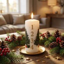 Artículo Vela de calendario de adviento, vela de pilar navideña, blanca, 150/65 mm, con números y árbol de Navidad