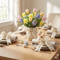 Artículo Cinta de regalo Cinta decorativa de Pascua Huevos de Pascua crema 40mm 20m