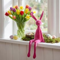 Artículo Conejo de Pascua sentado, flocado, rosa, 56 cm