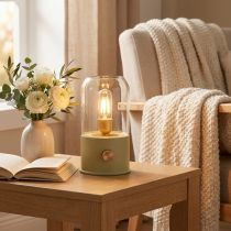 Artículo Lámpara de mesa LED estilo retro, luz blanca cálida y verde, 19,5 cm de altura.
