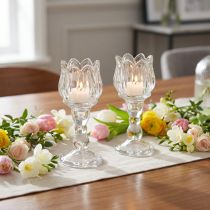 Artículo Portavelas de tulipán de cristal con base transparente Ø7cm H16cm 2uds