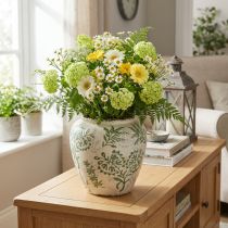 Artículo Jarrón con delicado estampado vegetal para decoración del hogar, 19 cm.