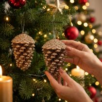 Artículo Piñas de pino doradas con purpurina, 13 cm, 4 unidades, adornos para el árbol de Navidad.