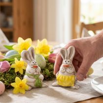 Artículo Figuritas de conejito de Pascua, adornos de cerámica pintados a mano, diseño divertido para la decoración de Pascua, 11 cm, 4 piezas