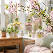 Artículo Decoración colgante Flores de cerámica con casita de hadas 6 cm 6 uds