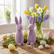 Artículo Conejito de Pascua decorativo (2.ª opción), color lila flocado, 29,5 cm de alto, 2 unidades