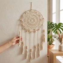 Artículo Atrapasueños de macramé para colgar en la pared, estilo bohemio chic, hecho a mano, color crema, diámetro 22 cm, altura 54 cm