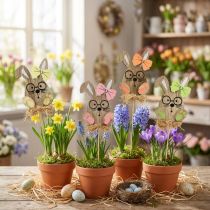 Artículo Tapón de flores de madera para Pascua conejito con gafas 8,5 cm 12 piezas