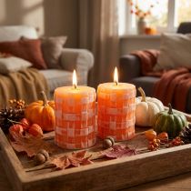 Artículo Velas rústicas de pilar, naranja, 80/65, autoextinguibles, juego de 2, decoración vintage