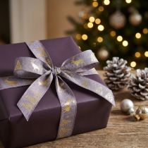 Artículo Cinta de regalo lavanda oro Navidad ciervo 25mm 15m