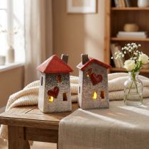 Artículo Casas de cerámica amorosas - diseño de corazón, rojo y natural, 17,5 cm - decoración romántica para el hogar, 2 piezas