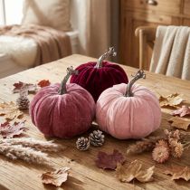 Artículo Calabazas decorativas flocadas rosa burdeos Ø13cm H11,5cm 3 piezas