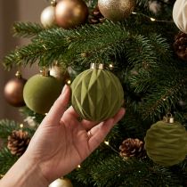 Artículo Adornos para árbol de Navidad, aspecto aterciopelado, verde, mezcla texturizada, 8 cm, 12 piezas, adornos navideños flocados, verde musgo, adornos de plástico, flocados verde musgo, cordones de algodón incluidos para cada adorno.