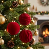 Artículo Adorno navideño, superficie aterciopelada, rojo, 8 cm, 12 unidades