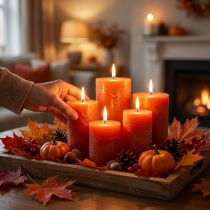 Artículo Velas de color naranja macizo en diferentes tamaños.