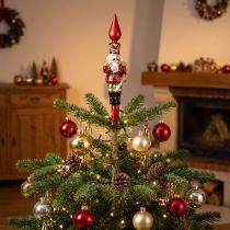 Artículo Figura de cascanueces roja para la punta del árbol de Navidad, 28 cm, cristal auténtico.