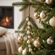 Artículo Rama de abeto artificial con mini adornos navideños blancos, 46 cm, 2 unidades.
