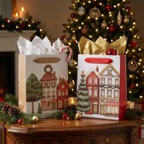 Artículo Bolsa de regalo navideña con casitas y árbol de Navidad, 16 cm, 2 unidades