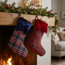 Artículo Bota de Papá Noel a cuadros con lazo para colgar, 43 cm, 2 piezas