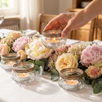 Artículo Portavelas de cristal con borde decorativo de metal, 6 cm, 4 unidades