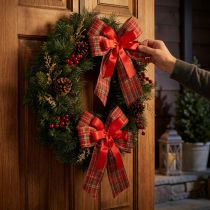 Artículo Lazo decorativo navideño, lazo de regalo, para exteriores, a cuadros rojos, 6 cm de ancho, 20 × 29 cm, 2 piezas