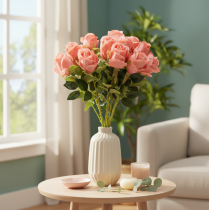 Artículo Flores artificiales de rosas en un ramo, tallo largo de 62 cm, 12 unidades.