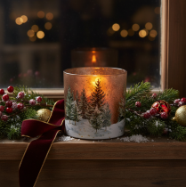 Artículo Portavelas de cristal con diseño de bosque de abetos, decoración de invierno, 15 cm.