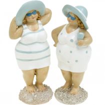 Figura decorativa damas en la playa, decoración de verano, figuras de baño con sombrero azul/blanco Al. 15/15,5 cm juego de 2