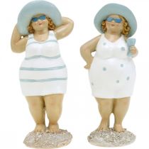 Figura decorativa damas en la playa, decoración de verano, figuras de baño con sombrero azul/blanco Al. 15/15,5 cm juego de 2