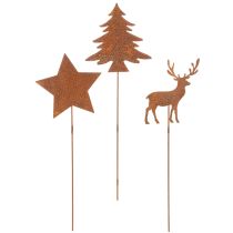 Artículo Estaca de jardín, acero envejecido, ciervo, estrella, abeto, 10/15 cm de alto, 3 piezas
