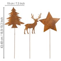 Artículo Estaca de jardín, acero envejecido, ciervo, estrella, abeto, H14/20, 3 piezas